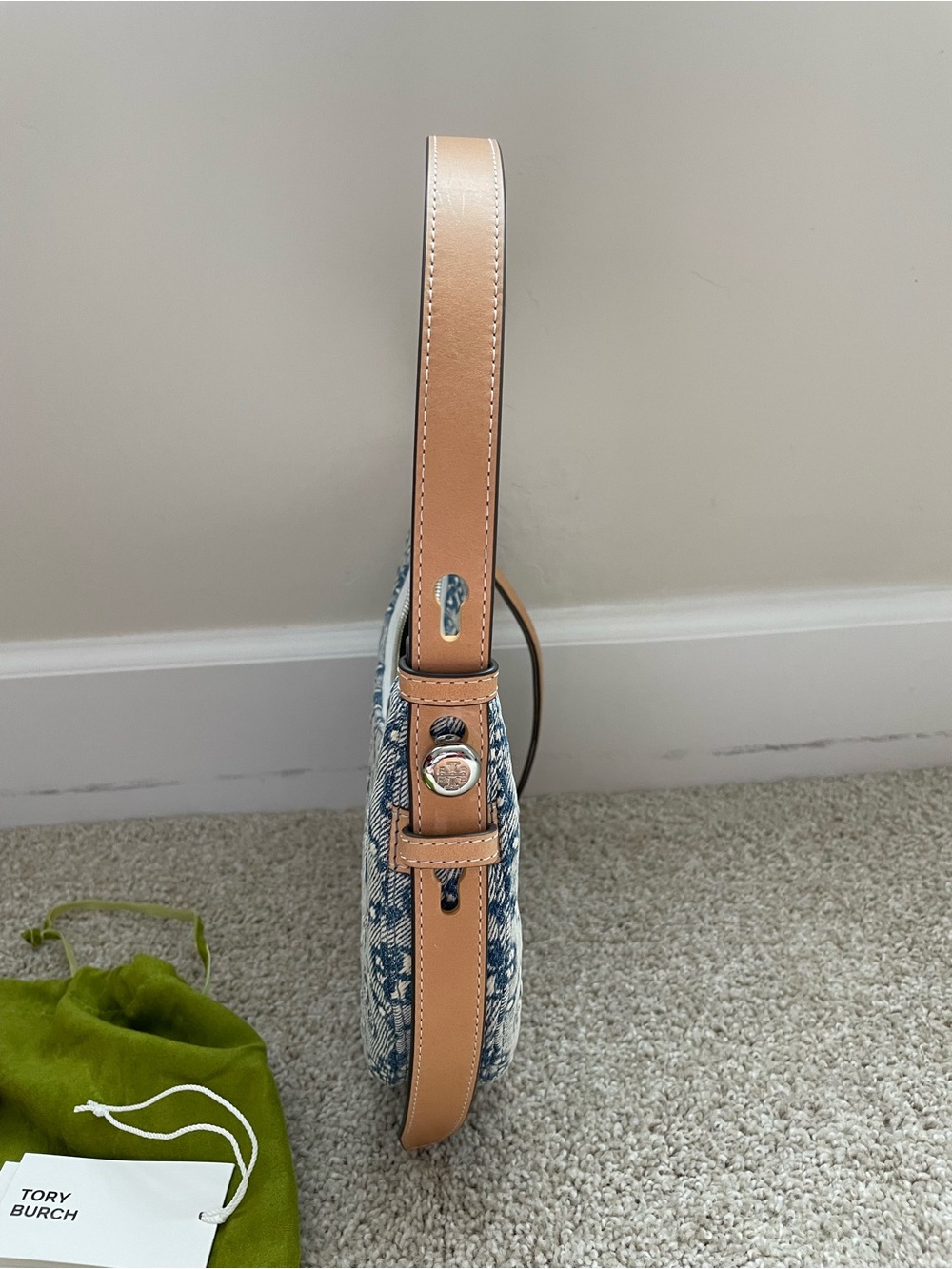 Tory Burch Romy Denim Half Moon Shoulder Bag with ith crossbody strap - Picture 5 of 14